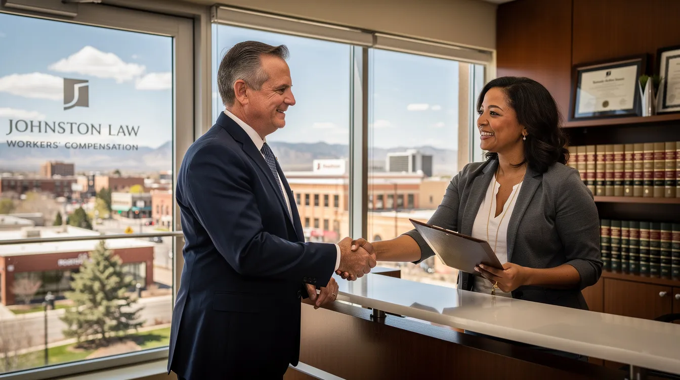 In the image, attorney Steve Johnston is shaking hands with a satisfied workers' compensation client in his law firm, with a scenic view of Pueblo, Colorado, in the background. This moment reflects the successful resolution of a workers' compensation claim, highlighting the importance of experienced legal support for injured workers navigating the complexities of the workers' compensation system.