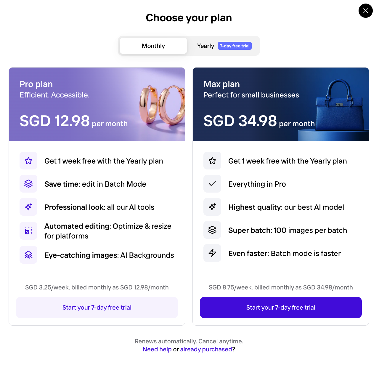 Pricing comparison between Pro (SGD 12.98/month) and Max (SGD 34.98/month) AI image generation plans, highlighting batch mode, quality, and speed differences.