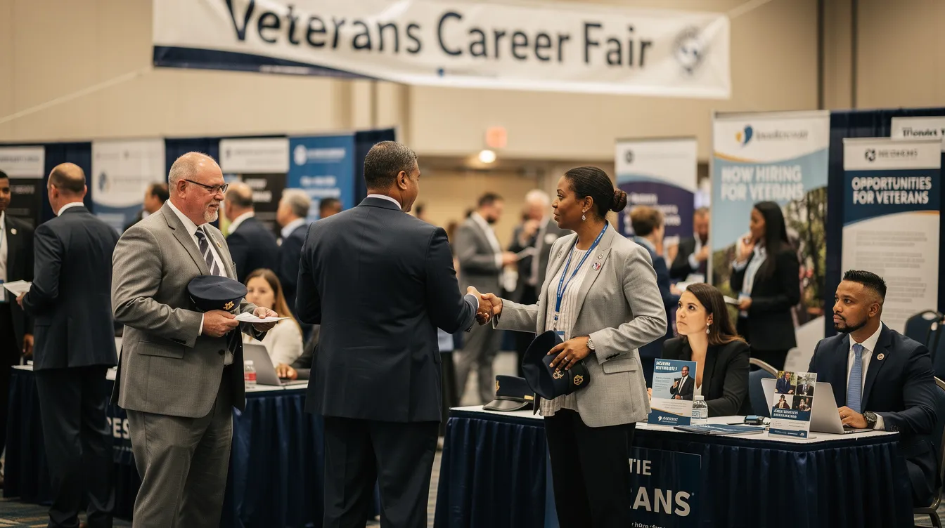 The image depicts a vibrant career fair where military veterans and transitioning service members are actively networking with potential employers, discussing job opportunities in the civilian sector, including roles in the high-demand cybersecurity industry. Various booths showcase training programs and resources aimed at helping veterans leverage their unique skills and military experience for successful careers in civilian life.