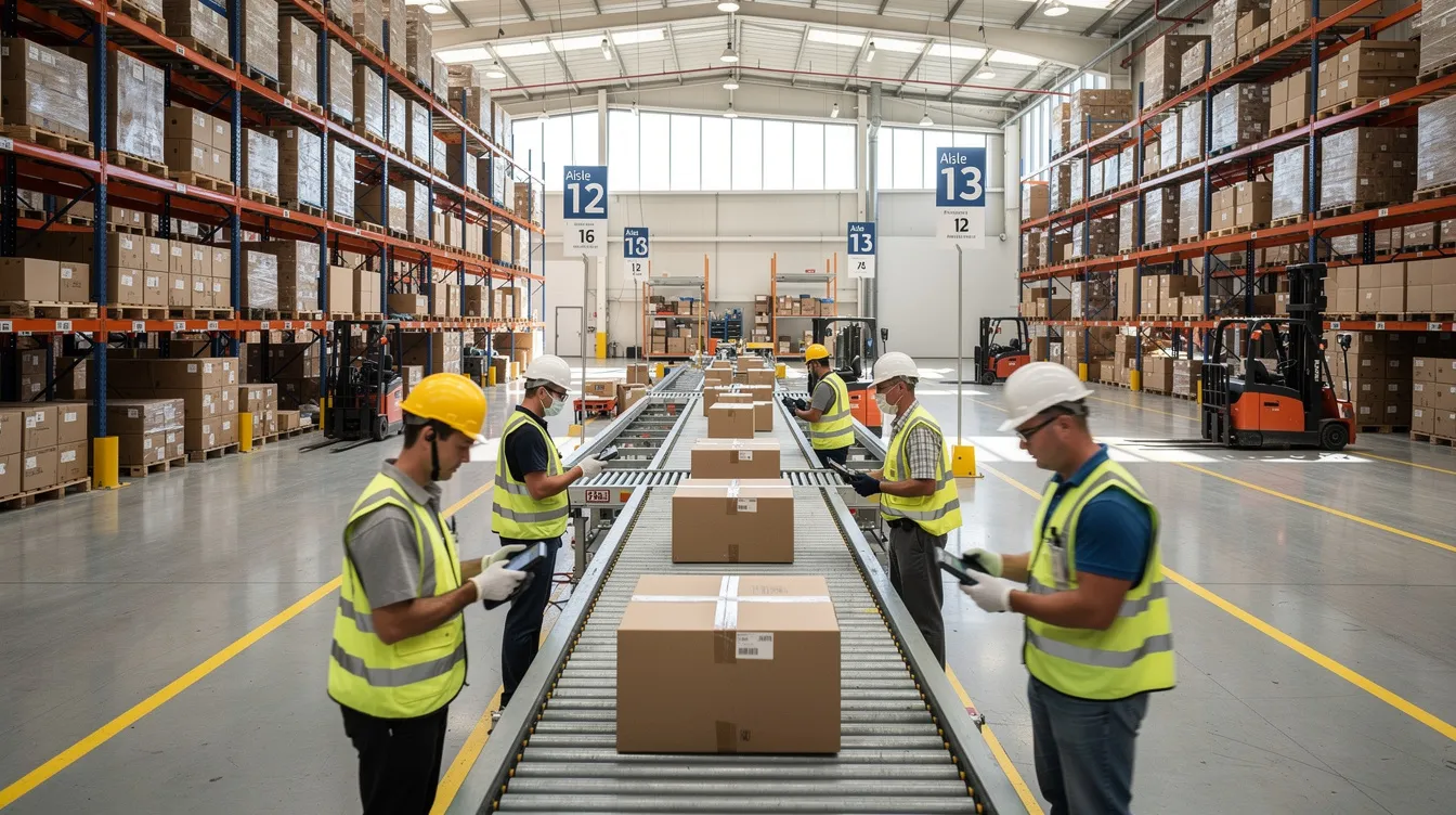 The image depicts a busy warehouse operations floor featuring organized shelving and conveyor belts, with workers actively engaged in various tasks. This scene highlights the importance of operational efficiency and effective business operations in a dynamic environment.