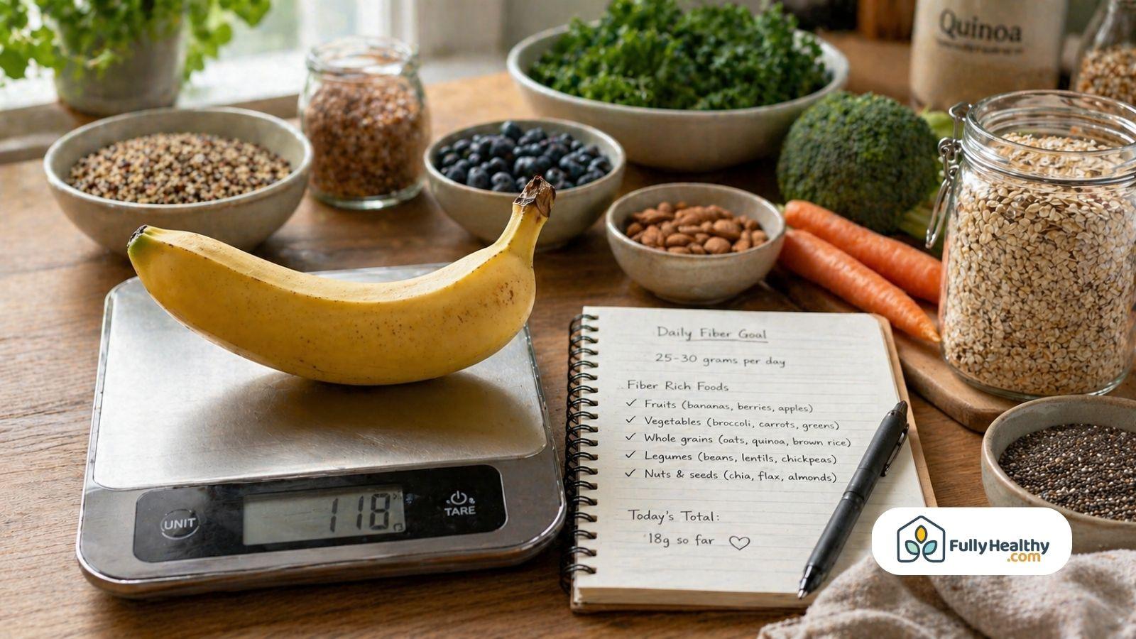 Banana on scale with fiber foods and daily intake notebook nearby