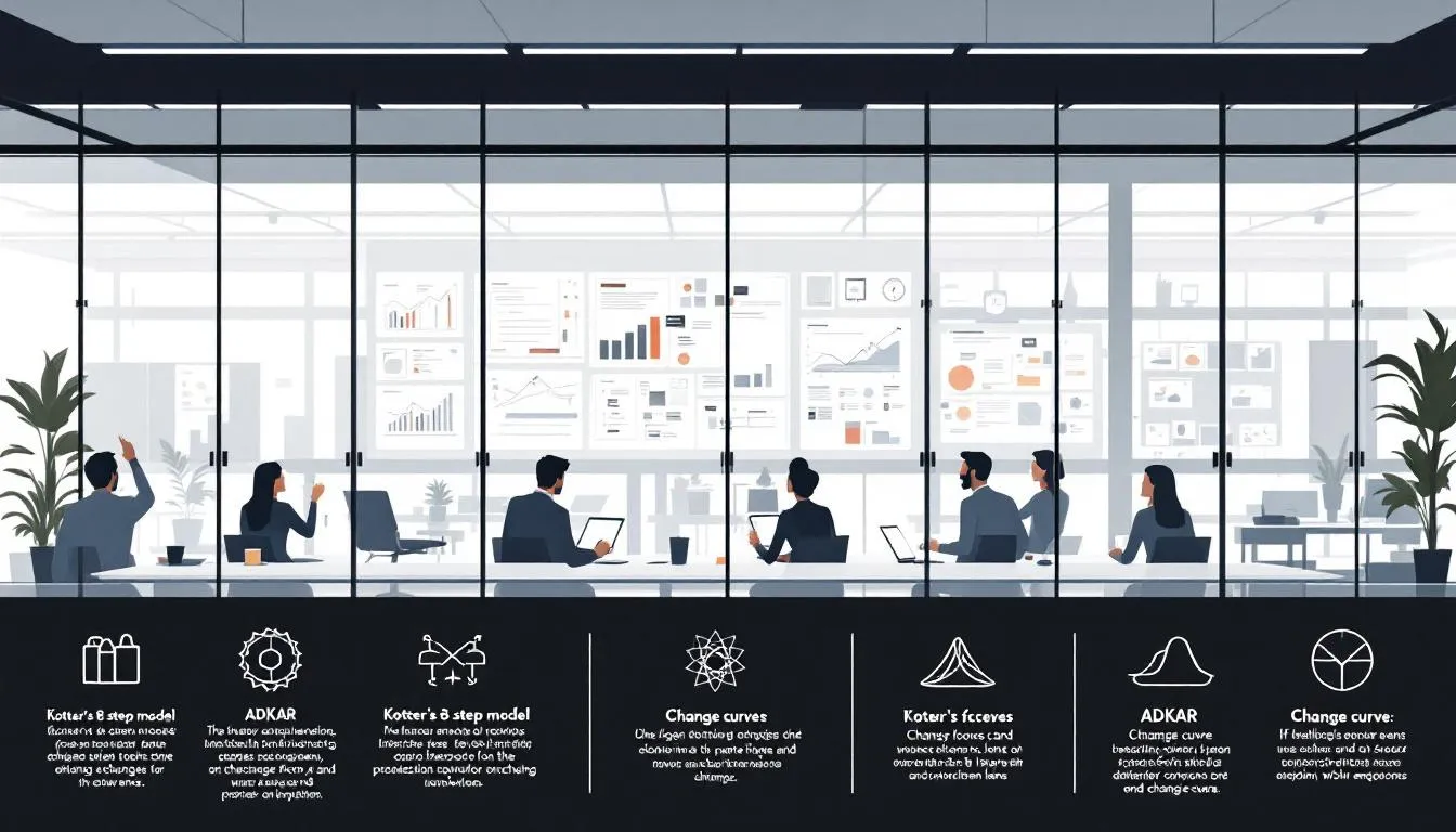 Tools and techniques used in change management displayed in a modern workspace.