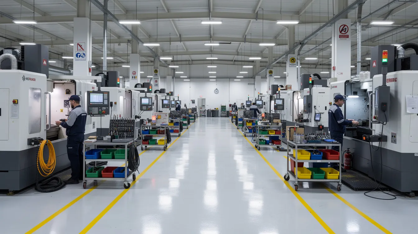The image depicts a modern CNC machining factory floor featuring multiple advanced machines, clean aisles, and well-organized workstations, indicative of precision aerospace manufacturing processes. This environment showcases the commitment to quality management and manufacturing expertise essential for producing aerospace components and complex parts.