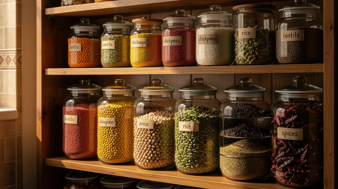 The image shows a well-organized Pakistani kitchen pantry featuring wooden shelves lined with glass jars filled with vibrant lentils, chickpeas, rice, and an assortment of whole spices. This setup not only helps in meal planning and reducing food waste but also serves as a smart way to save money on groceries by allowing easy access to nutritious ingredients.