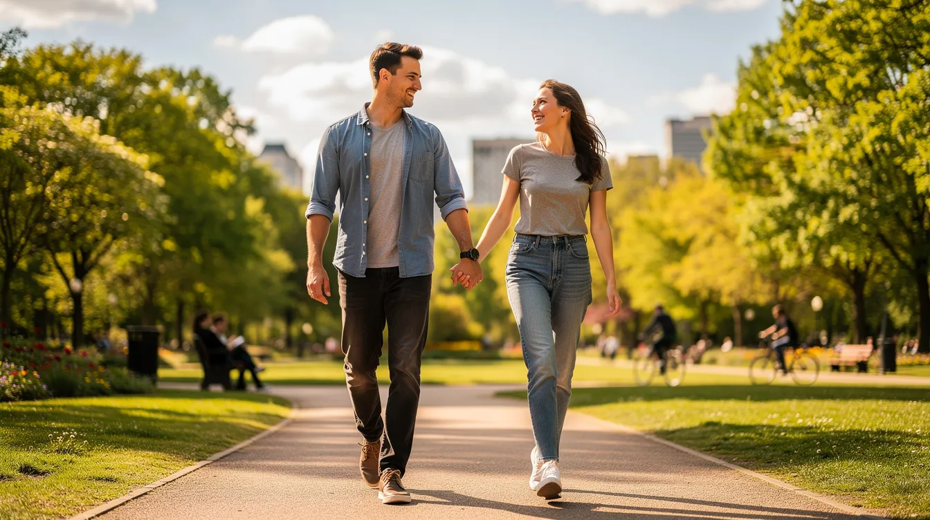 A happy couple, embodying the essence of modern dating, strolls hand-in-hand through a sunlit city park, enjoying their time together amidst the vibrant atmosphere. Their connection reflects emotional intimacy and the joys of a new relationship, showcasing the positive side of the dating scene in 2026.