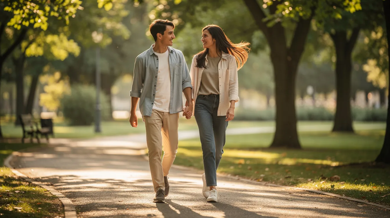 Two people walk together on a serene tree-lined path, embodying a relaxed and connected vibe, suggesting a meaningful relationship built on mutual understanding and emotional availability. Their presence reflects the potential for a lasting connection as they navigate the journey of love and companionship.