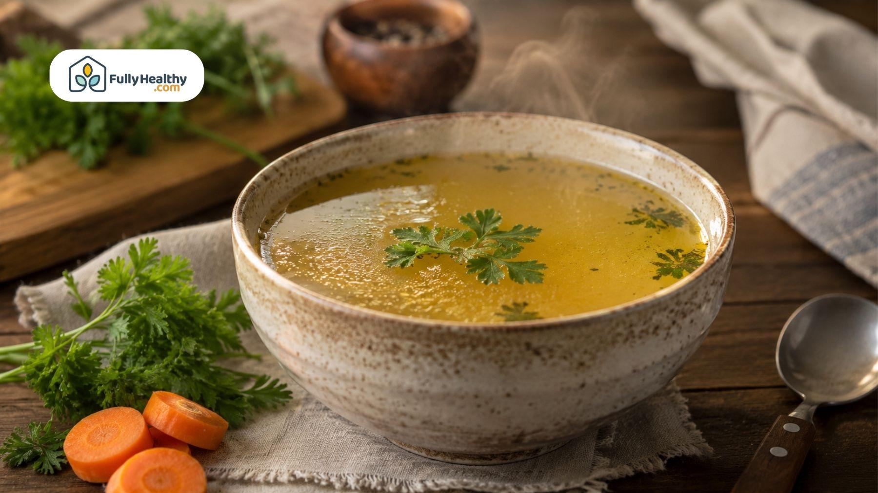 Homemade chicken broth served in a bowl with fresh parsley.