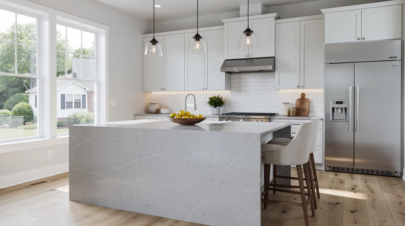 The image depicts a bright, modern kitchen featuring sleek white cabinetry and a central island, embodying the essence of a dream kitchen in a recently renovated Long Island home. The open concept design maximizes the available space, making it ideal for meal preparation and entertaining in style.