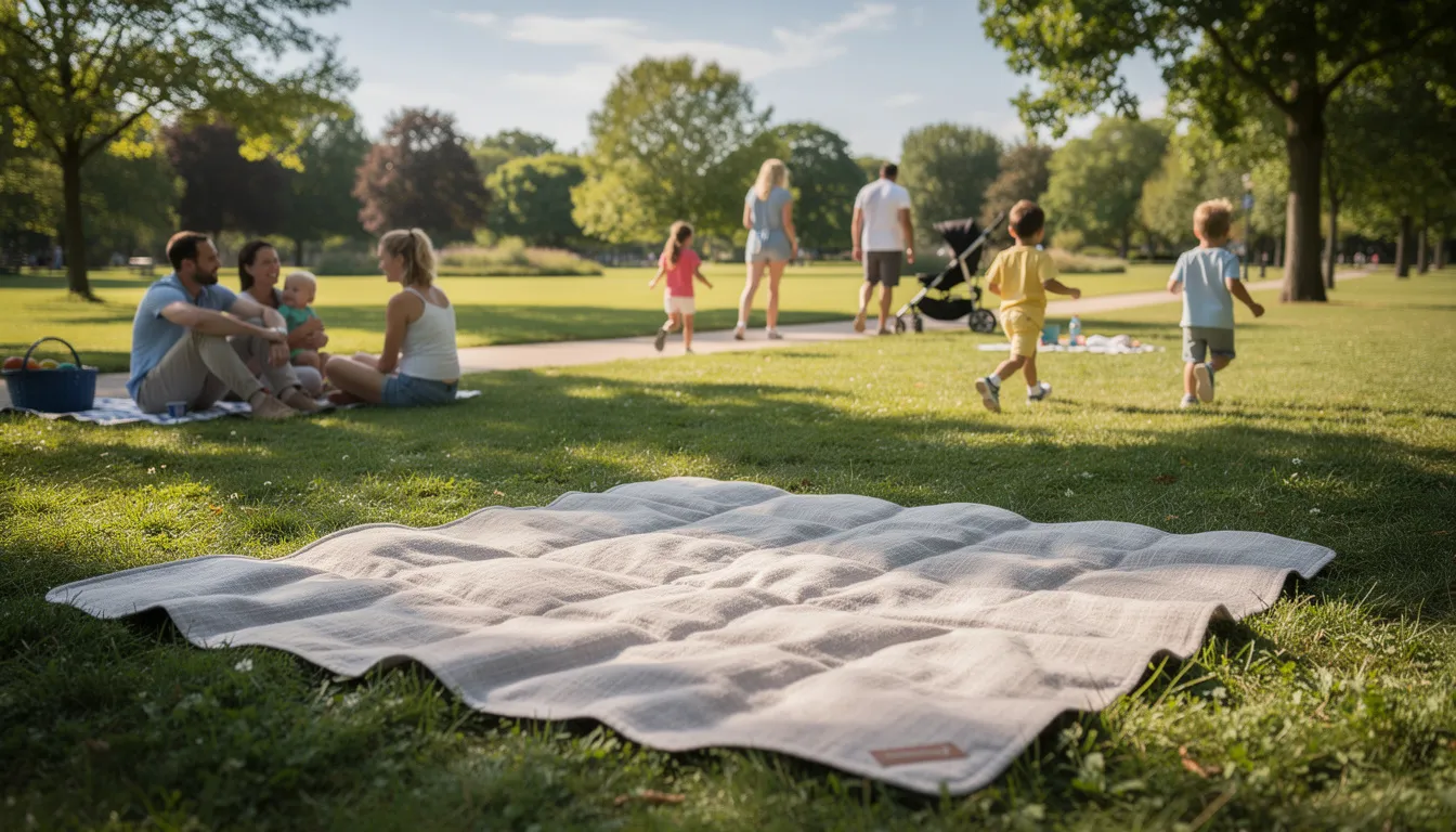 A large picnic blanket is spread out on the dewy grass of a park, with families enjoying their time in the background, creating a lively atmosphere for outdoor adventures. The blanket offers a comfortable space for relaxation and is perfect for picnics or camping trips.