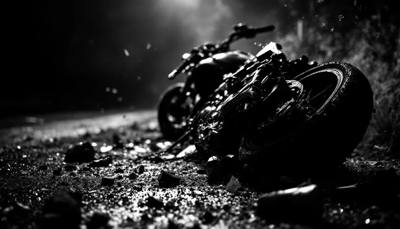 A blurred image of a motorcycle accident scene, emphasizing the need for legal representation.