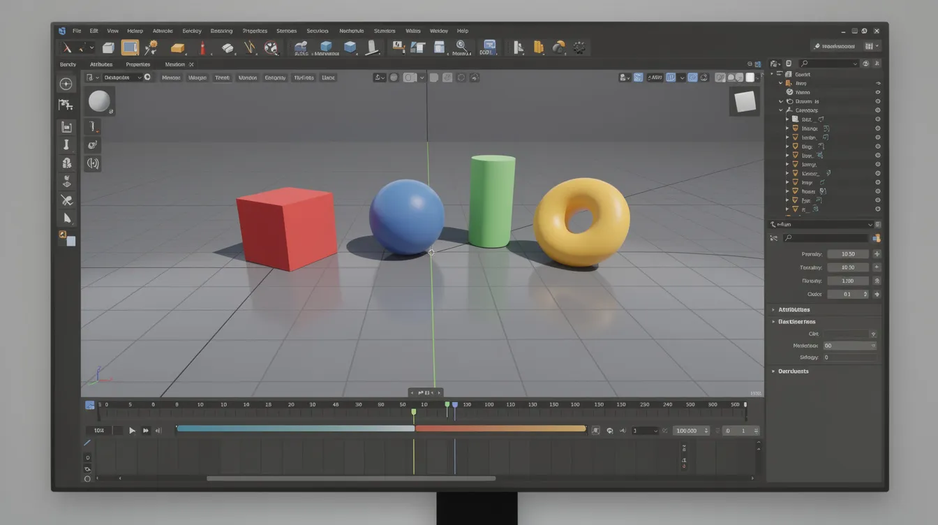 The image depicts a 3D workspace in Blender, showcasing a viewport filled with various geometric shapes alongside user interface panels, ideal for learning the fundamentals of modeling and animation. This setup is commonly seen in Blender tutorials, such as those by Blender Guru or Grant Abbitt, where users can create and render projects effectively.