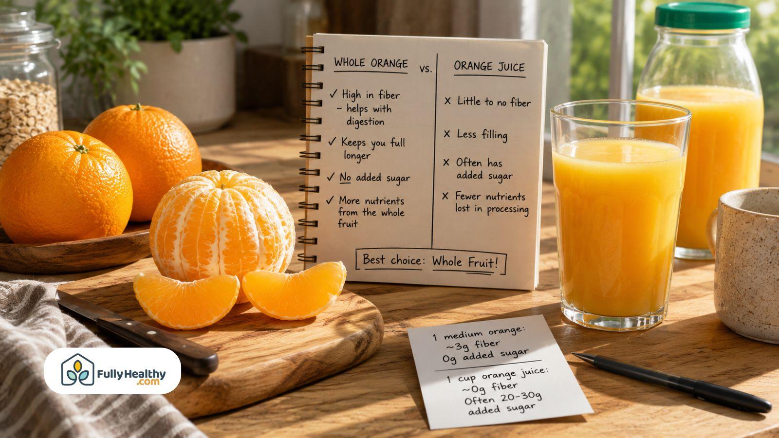 Whole oranges versus orange juice comparison chart showing fiber and sugar
