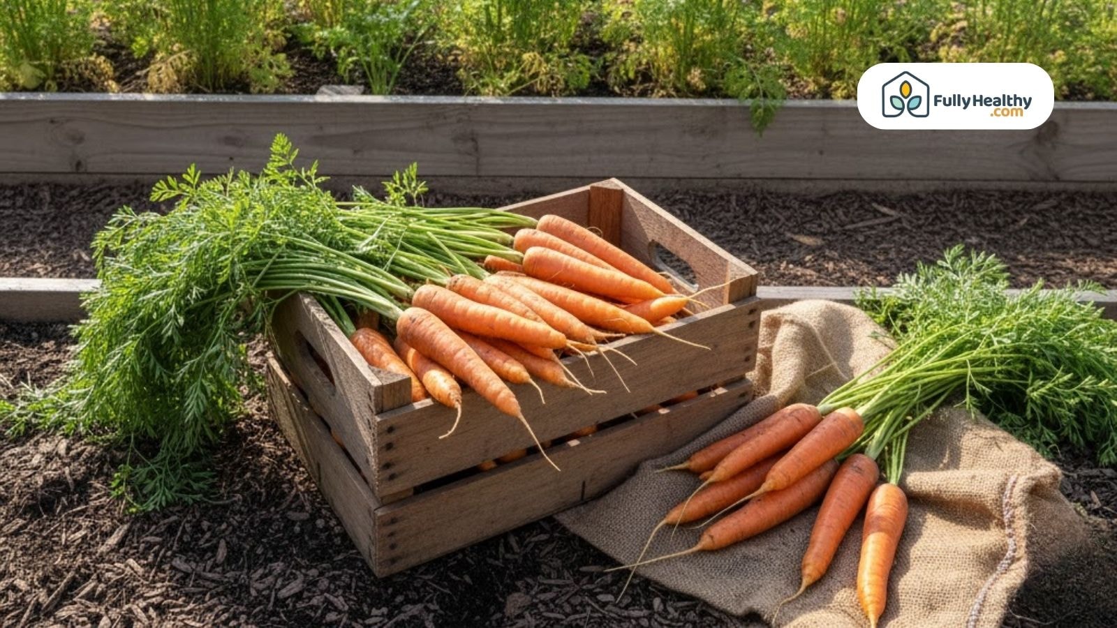 Freshly harvested carrots in a garden crate with leafy greens attached and soil still visible.