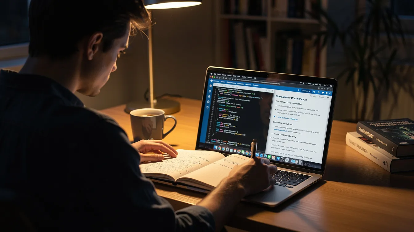 The image depicts a person studying at a desk, focused on a laptop displaying a terminal window alongside cloud documentation, emphasizing their pursuit of cloud security expertise. This scene illustrates the individual's commitment to mastering security controls and access management within cloud environments, essential for a successful career as a cloud security engineer.