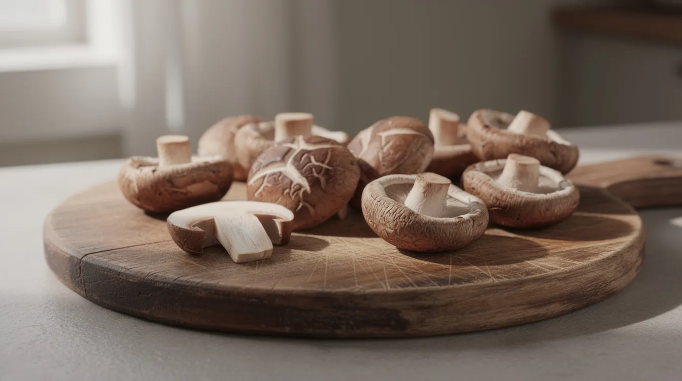 The image features fresh shiitake mushrooms beautifully arranged on a rustic wooden cutting board, illuminated by natural light. These edible mushrooms are known for their numerous health benefits, including immune system support and skin health advantages.