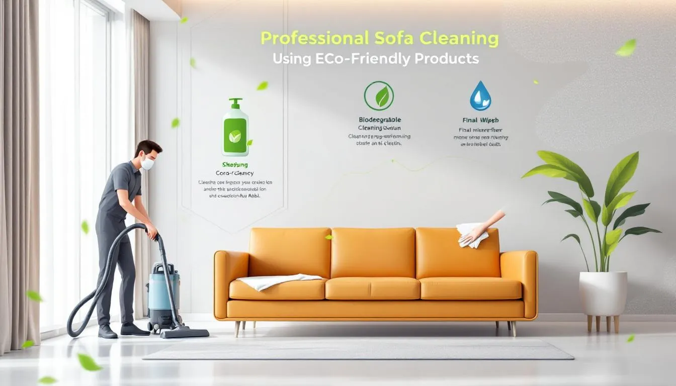 Eco-friendly cleaning products used for sofa cleaning services.