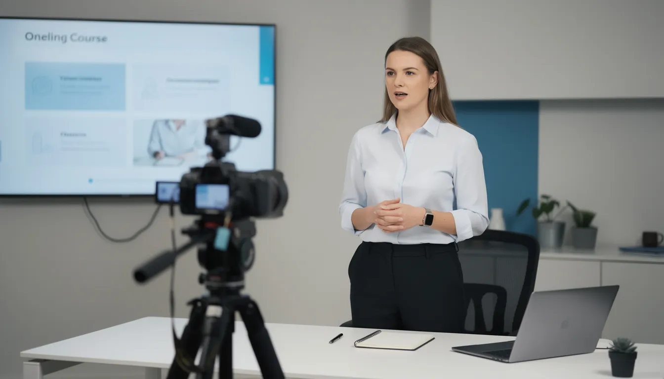 Eine professionelle Person steht vor einer Kamera und präsentiert Inhalte für einen hochwertigen Online-Kurs, während sie die Vorteile der Online-Akademie und der Nutzung von Mentortools erläutert. Im Hintergrund sind technische Hilfsmittel sichtbar, die die Erstellung von Kursen und die Interaktion mit der Online-Community unterstützen.