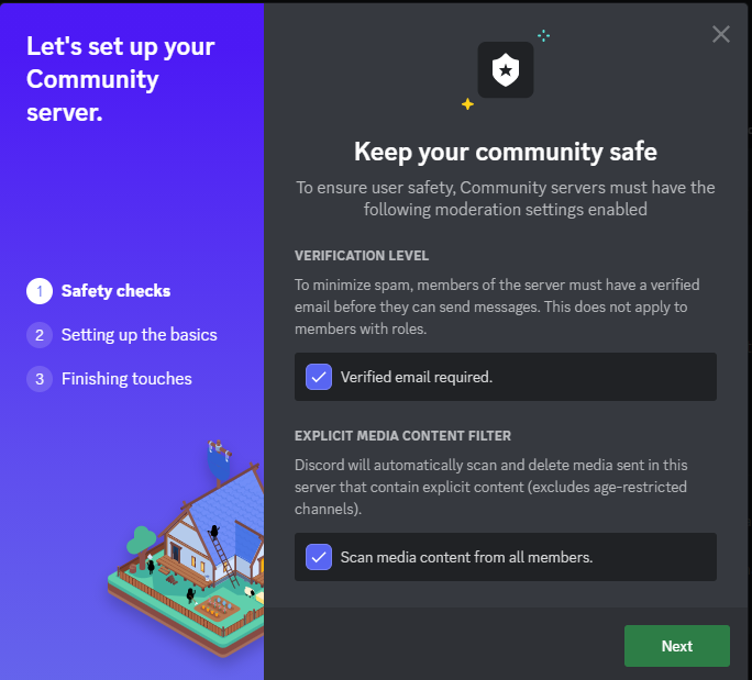 Image showing the safety checks to activate your Discord community settings