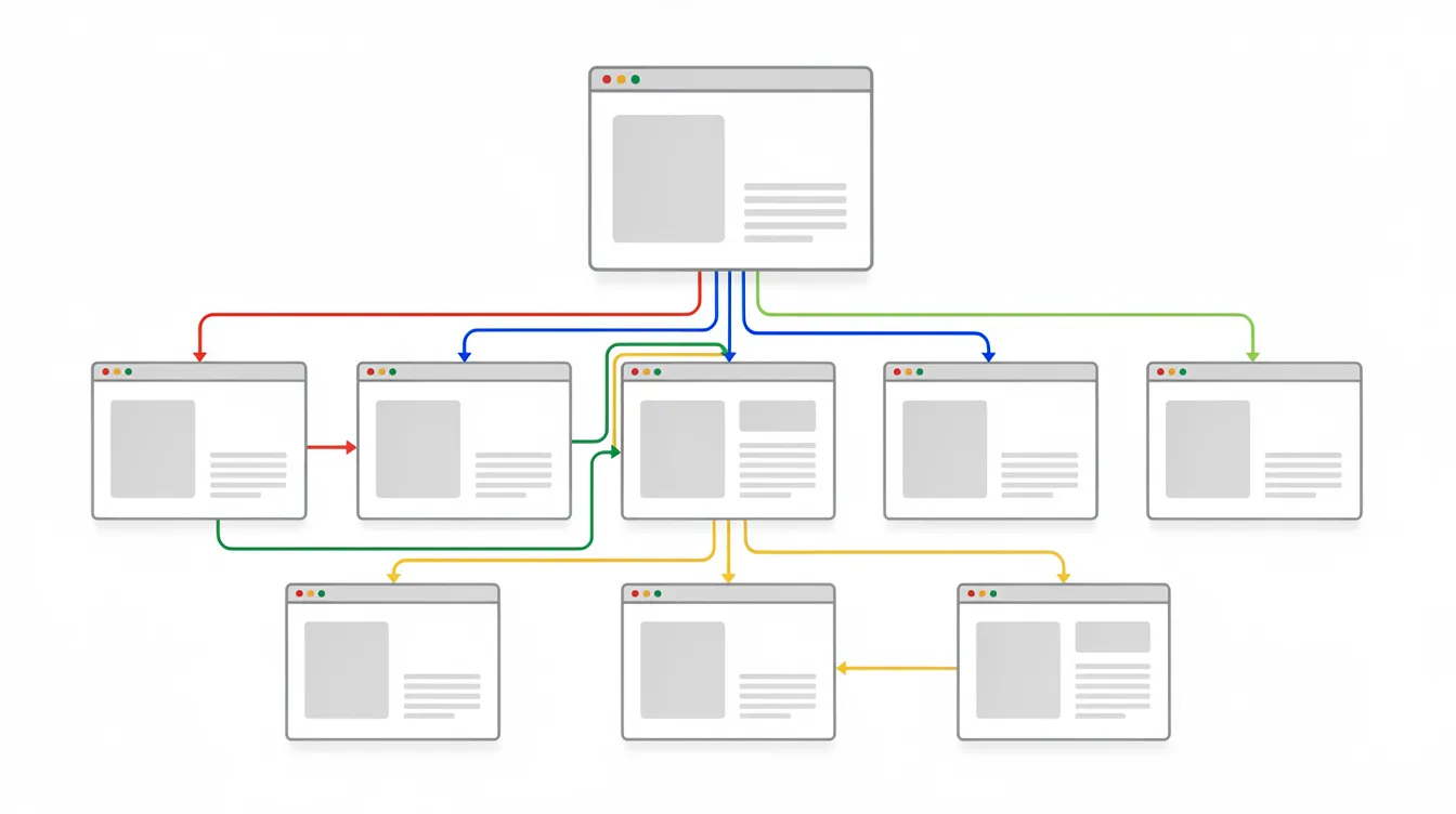 Die schematische Darstellung zeigt eine Website-Architektur mit mehreren verbundenen Seiten, die durch farbige Verbindungslinien miteinander verlinkt sind. Diese Visualisierung verdeutlicht die Rolle der internen Verlinkung und die Bedeutung von Ankertexten für die Suchmaschinenoptimierung (SEO).