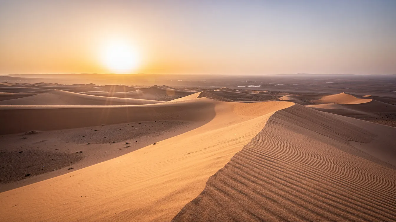 The image depicts a vast desert landscape bathed in the golden light of sunrise, with soft sand dunes stretching into the horizon. This serene scene evokes a sense of spiritual reflection, reminiscent of the biblical significance of bread as a symbol of sustenance and eternal life, as mentioned in the teachings of Jesus.