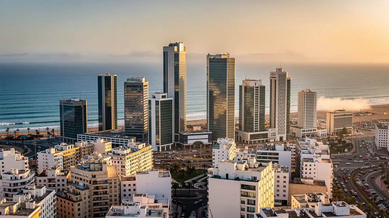 Immagine che mostra una vista panoramica della città di Casablanca, caratterizzata da grattacieli moderni che si affacciano sull'oceano Atlantico. Questa scena rappresenta un mix di architettura contemporanea e bellezze naturali, perfetta per chi desidera esplorare il Marocco e considerare un servizio di noleggio auto per visitare la città.