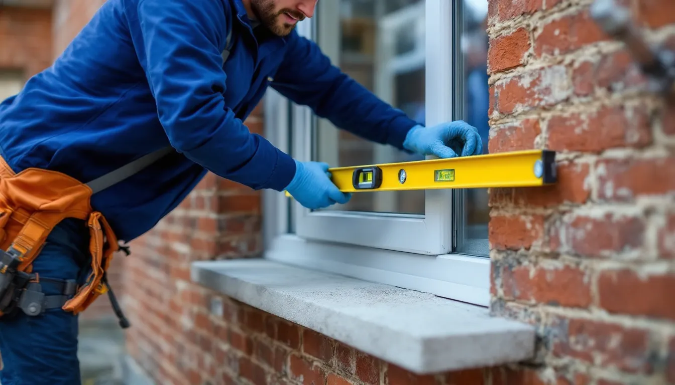 Een professionele installateur plaatst een kunststof kozijn, specifiek het Aluplast Ideal 7000, waterpas in een bakstenen gevel. Dit kozijn biedt optimale thermische isolatie en is ontworpen voor duurzaamheid en energie-efficiëntie, met een strak profiel en diverse kleurfolies.
