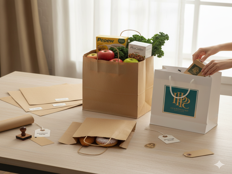 Different types of paper bags, including brown paper bags and white colored-paper bags. They are suitable for branding and gifting. 