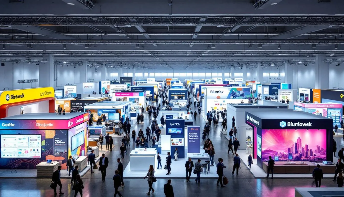 The image depicts a vibrant trade show floor featuring multiple custom trade show booths, each showcasing unique brand designs and displays. Attendees can explore a wide selection of exhibits, including portable displays, banner stands, and various booth sizes, all contributing to a professional presence at the event.