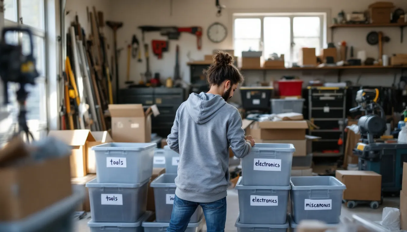 A person is sorting various items into labeled plastic storage bins in a cluttered garage during a DIY garage cleanout project. The garage floor is organized with cardboard boxes and sports equipment, creating a clean garage space that maximizes storage and functionality.