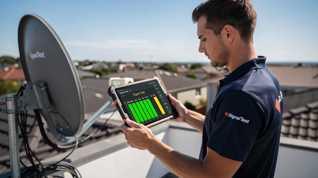A professional DSTV installer is seen testing the satellite signal using a tablet device, showcasing their expertise in ensuring optimal DSTV installation services. The technician is equipped with various tools, emphasizing the importance of reliable signal testing and installation in Oranjezicht.