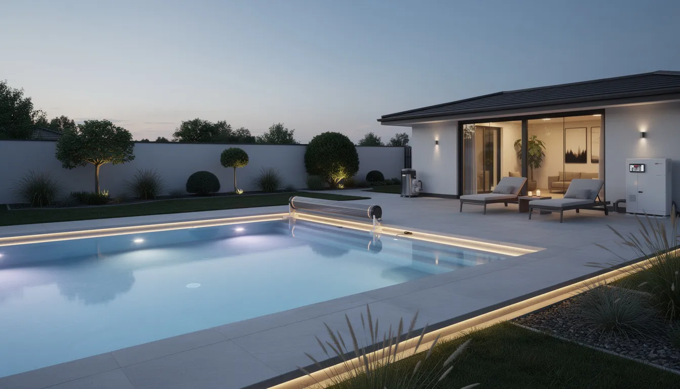 The image depicts a modern residential swimming pool illuminated by LED lighting, showcasing energy-efficient equipment in a serene evening setting. The crystal clear water reflects the soft glow of the lights, highlighting the pool's design while emphasizing the importance of professional swimming pool maintenance services for optimal water quality and safety.