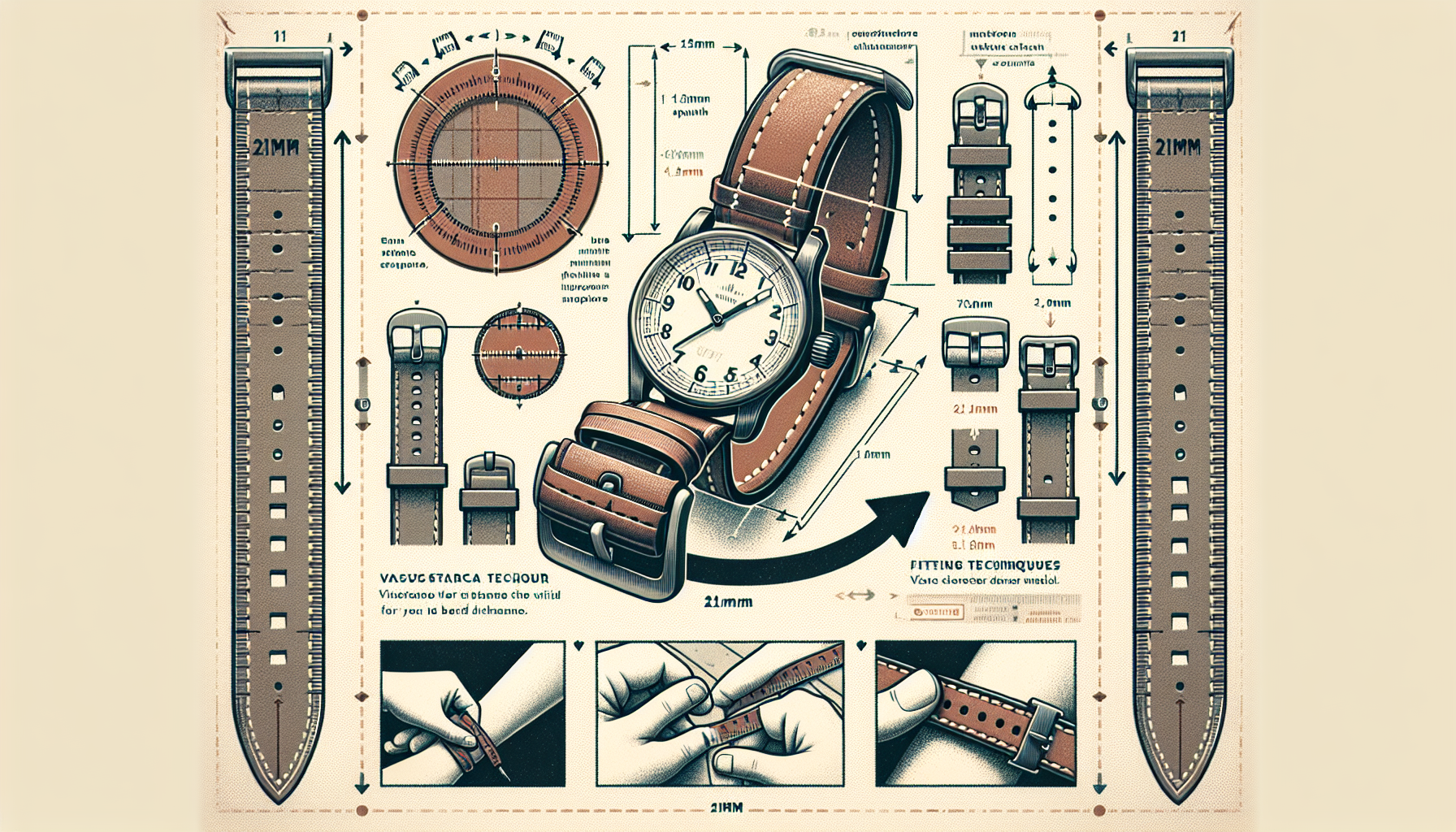 A diagram illustrating how to size a 21mm leather watch band.