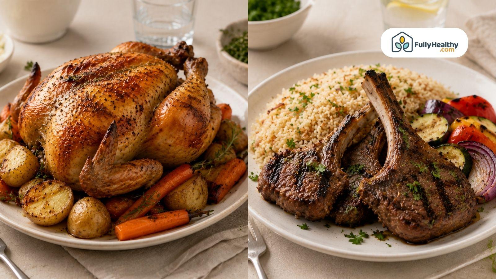 Collage featuring traditional kosher chicken and lamb dishes with roasted vegetables and couscous.