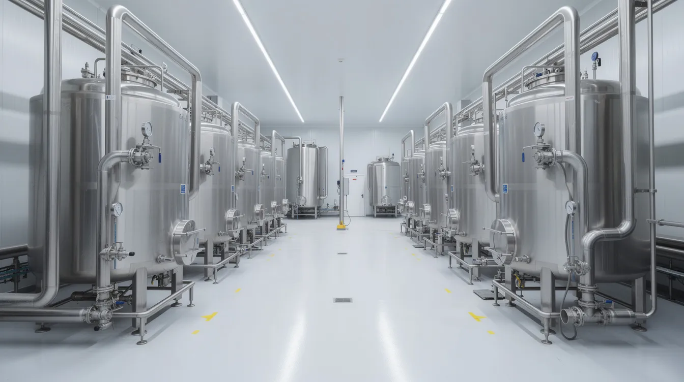 d56fcb8e 15a5 4a72 b471 a6b3baa039ef The image depicts industrial stainless steel milk processing tanks and pipes within a modern dairy plant, showcasing the uht milk processing setup. The tanks are designed for ultra high temperature treatment, ensuring pasteurized milk achieves a long shelf life while maintaining a sterile atmosphere for food safety.