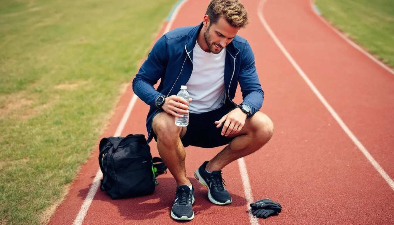 En löpare står redo för träning, omgiven av olika löparutrustning som en vattentät löparjacka, hörlurar och ett flipbelt. Denna bild visar praktiska tillbehör som löpare uppskattar för att träna säkert och effektivt.