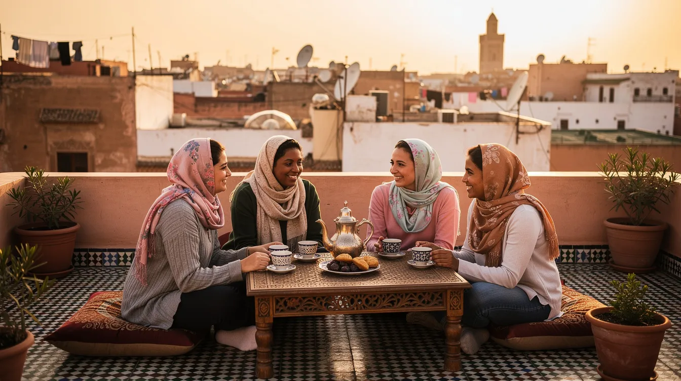 A small group of local women share tea on a riad rooftop, enjoying the view of a vibrant Moroccan medina below. This scene captures the essence of Moroccan culture, highlighting the camaraderie among female travelers in this beautiful North African country.