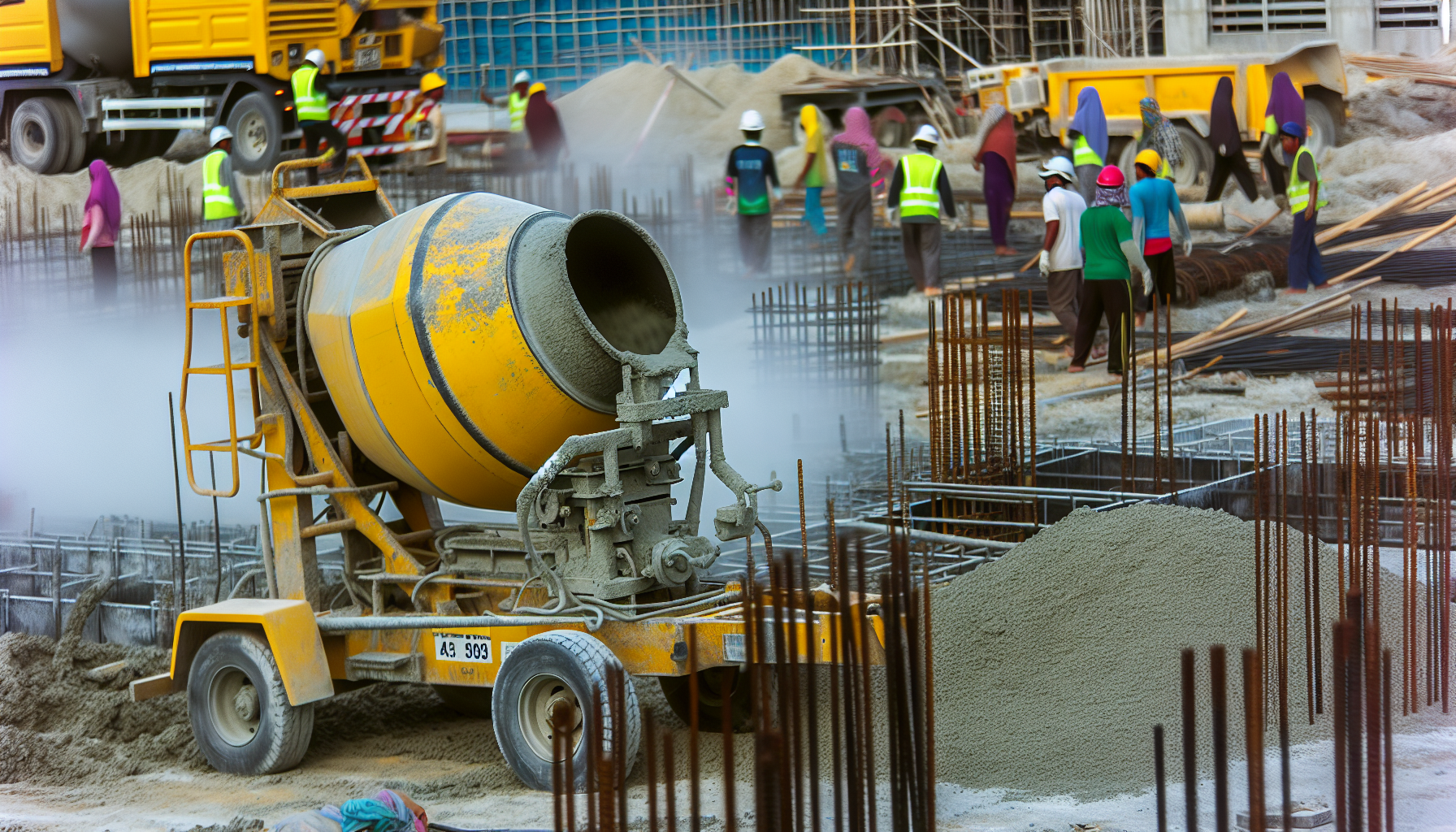 Towable concrete mixer on construction site