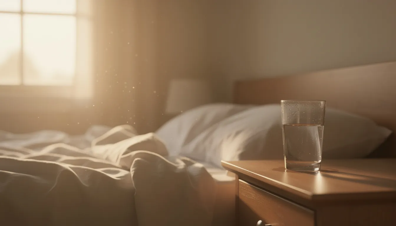 The image depicts a serene early morning scene with soft sunrise light streaming through a bedroom window, illuminating a glass of water placed on a nightstand. This tranquil setting suggests a healthy lifestyle and the potential for improved sleep quality, which can be enhanced by nmn supplementation for better energy production and cognitive support throughout the day.