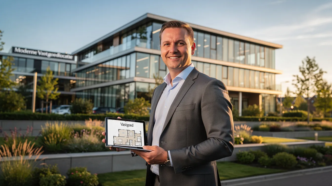 Een ondernemer staat trots voor een moderne vastgoedlocatie, omringd door innovatieve oplossingen en duurzame groei. Deze afbeelding benadrukt de sterke focus op commercieel management en investeringsstrategieën binnen diverse sectoren, waaronder de vastgoedmarkt.