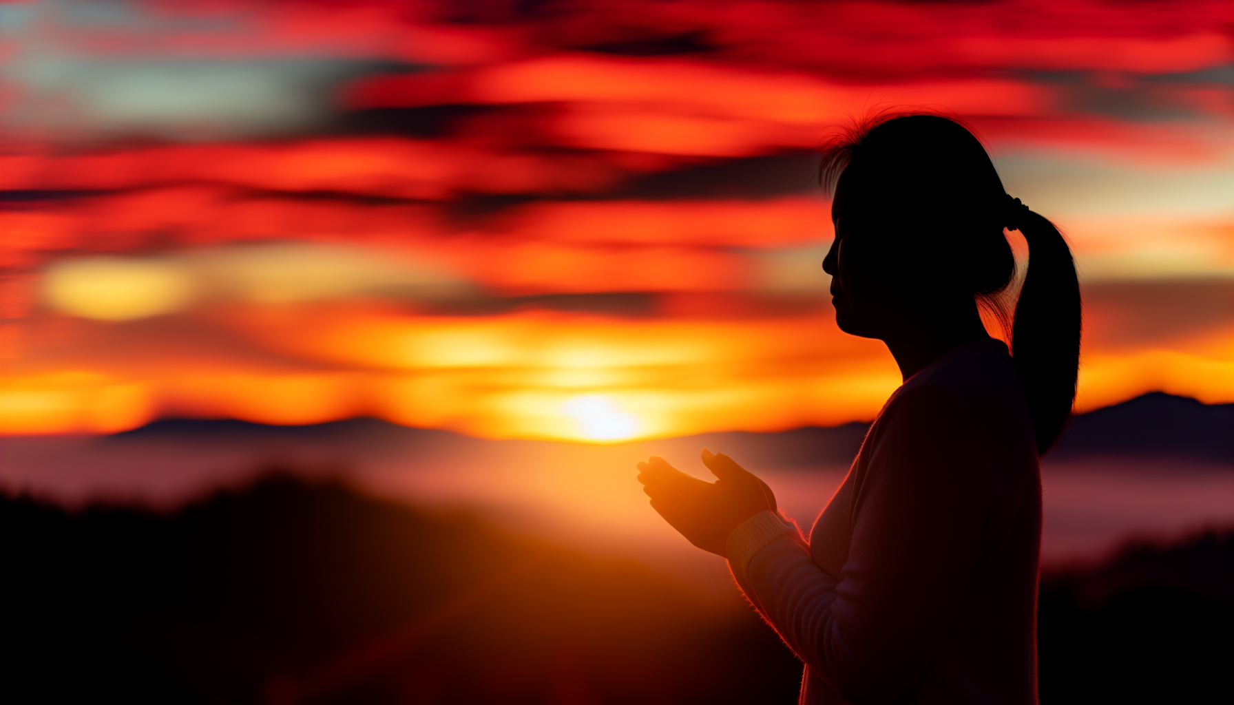 Sunrise with a silhouette of a person in prayer