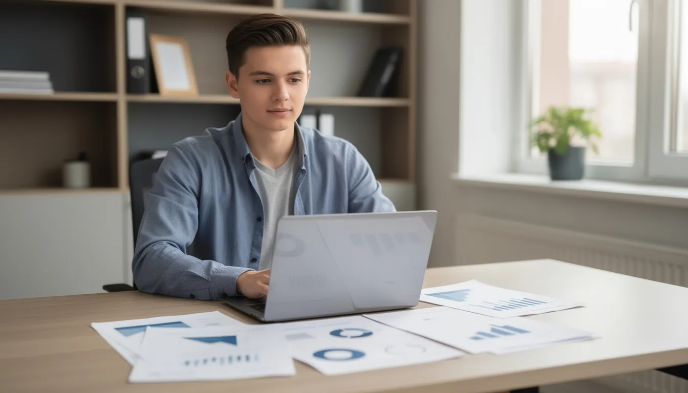 A young person sits at a desk with a laptop, reviewing financial documents related to student debt and the costs of obtaining a four-year degree. The scene highlights the importance of understanding financial aid and the long-term implications of student loans for college graduates.