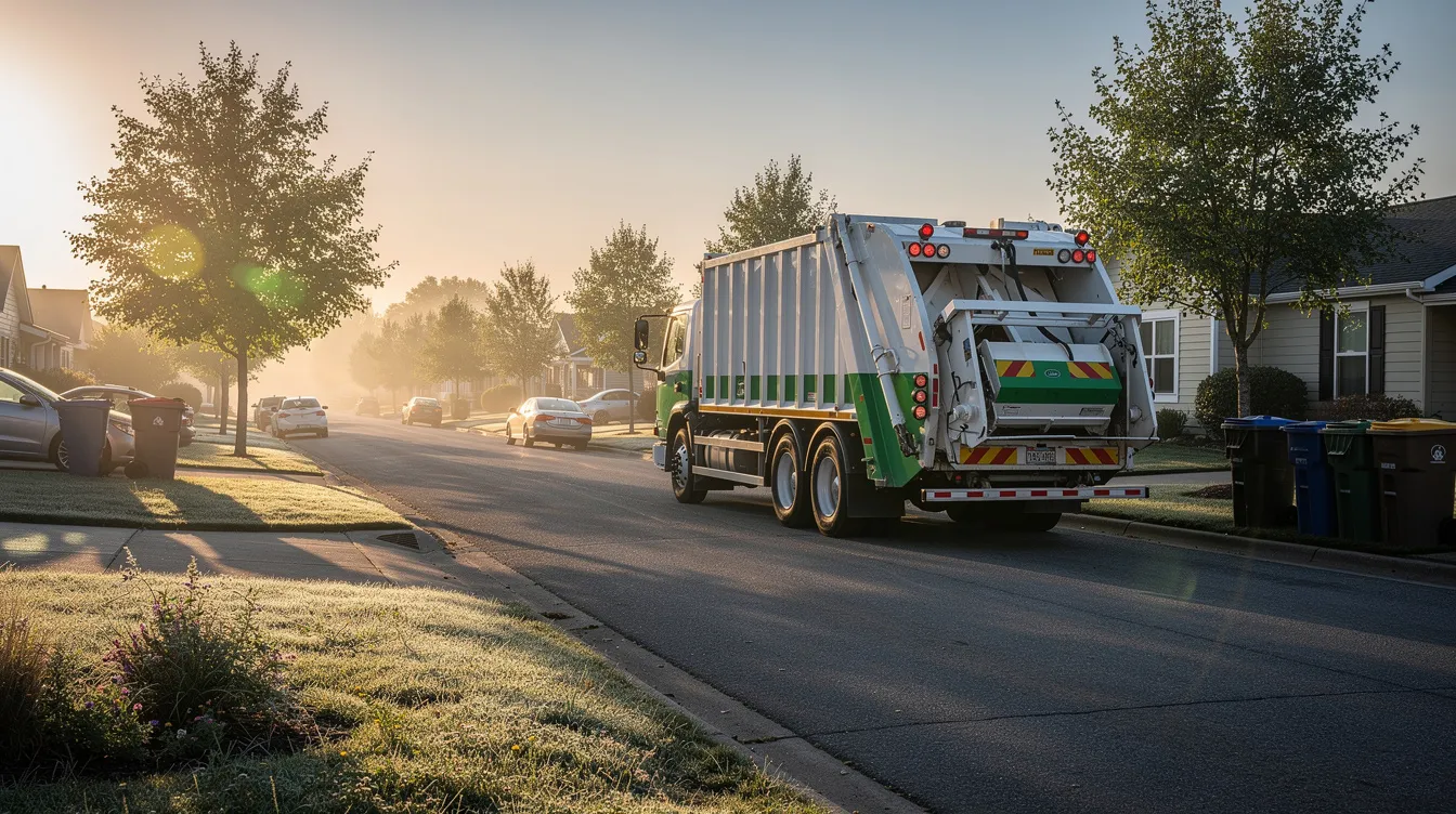 The image depicts a residential street bathed in morning sunlight, featuring a large waste collection truck parked on the side, casting long shadows on the pavement. This scene highlights the presence of garbage trucks, which are essential for waste management but can also be involved in garbage truck accidents, leading to personal injury claims and the need for legal representation from a truck accident lawyer.
