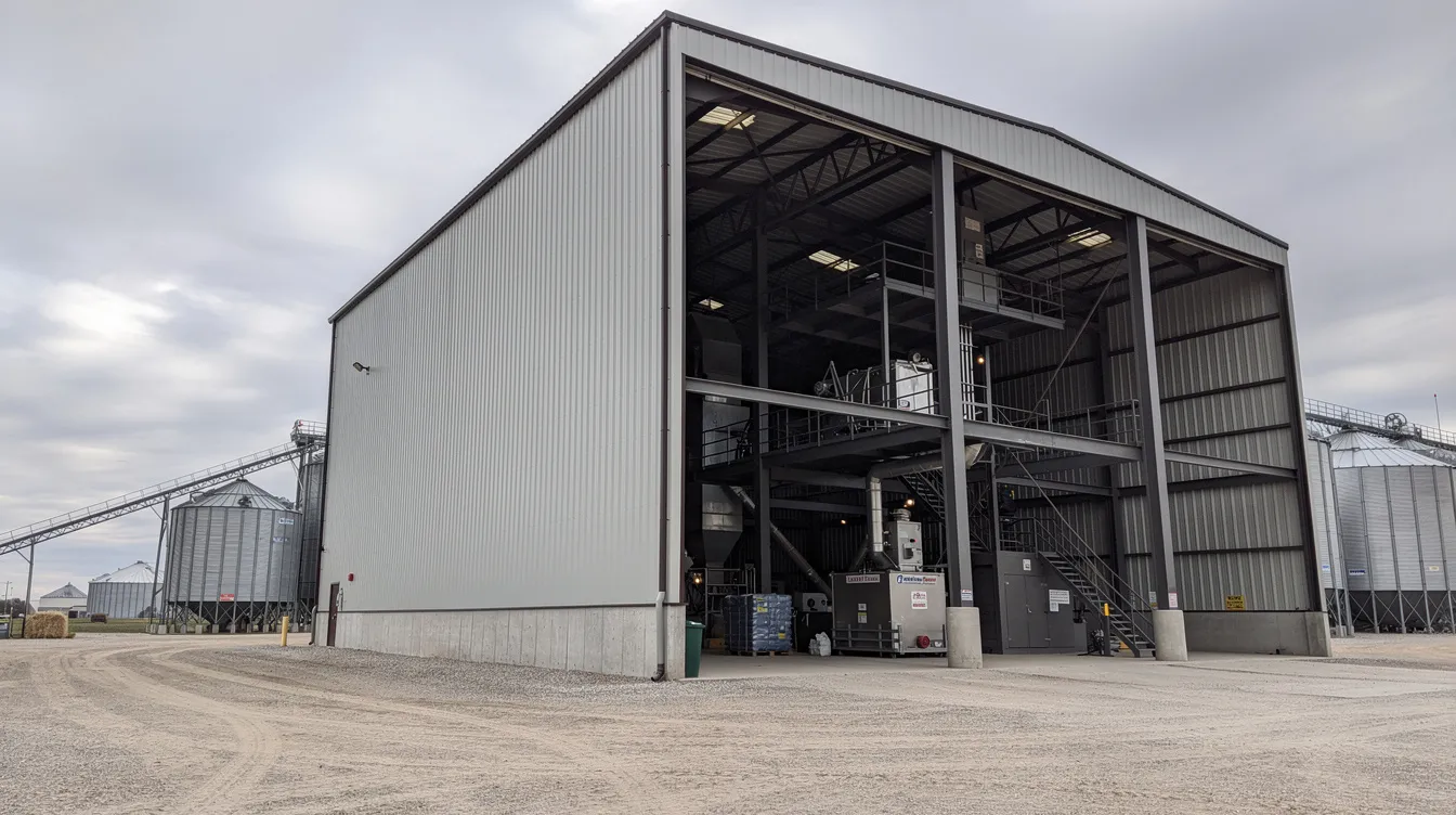 The image depicts a tall pre-engineered steel building with multiple floors, showcasing an industrial grain processing setting where open bay doors reveal various stages of the rice milling process. This rice mill plant is designed for efficient production, featuring machinery for paddy storage, processing, and quality control, emphasizing the importance of high-quality rice output and food security.