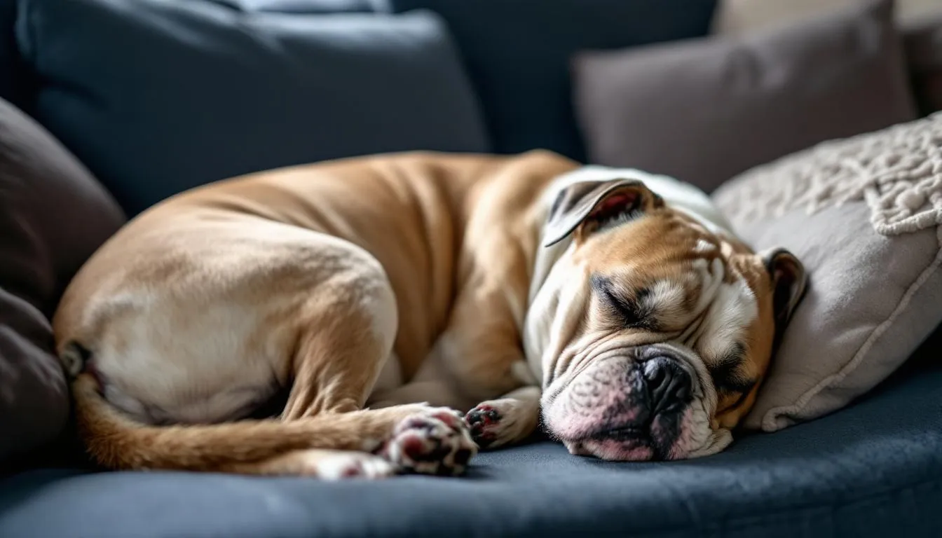 An English Bulldog is sleeping peacefully on a comfortable couch, showcasing its calm demeanor and low energy, typical of this affectionate dog breed. With its droopy ears and flat face, this couch potato enjoys a long nap, embodying the relaxed nature of lazy dog breeds.