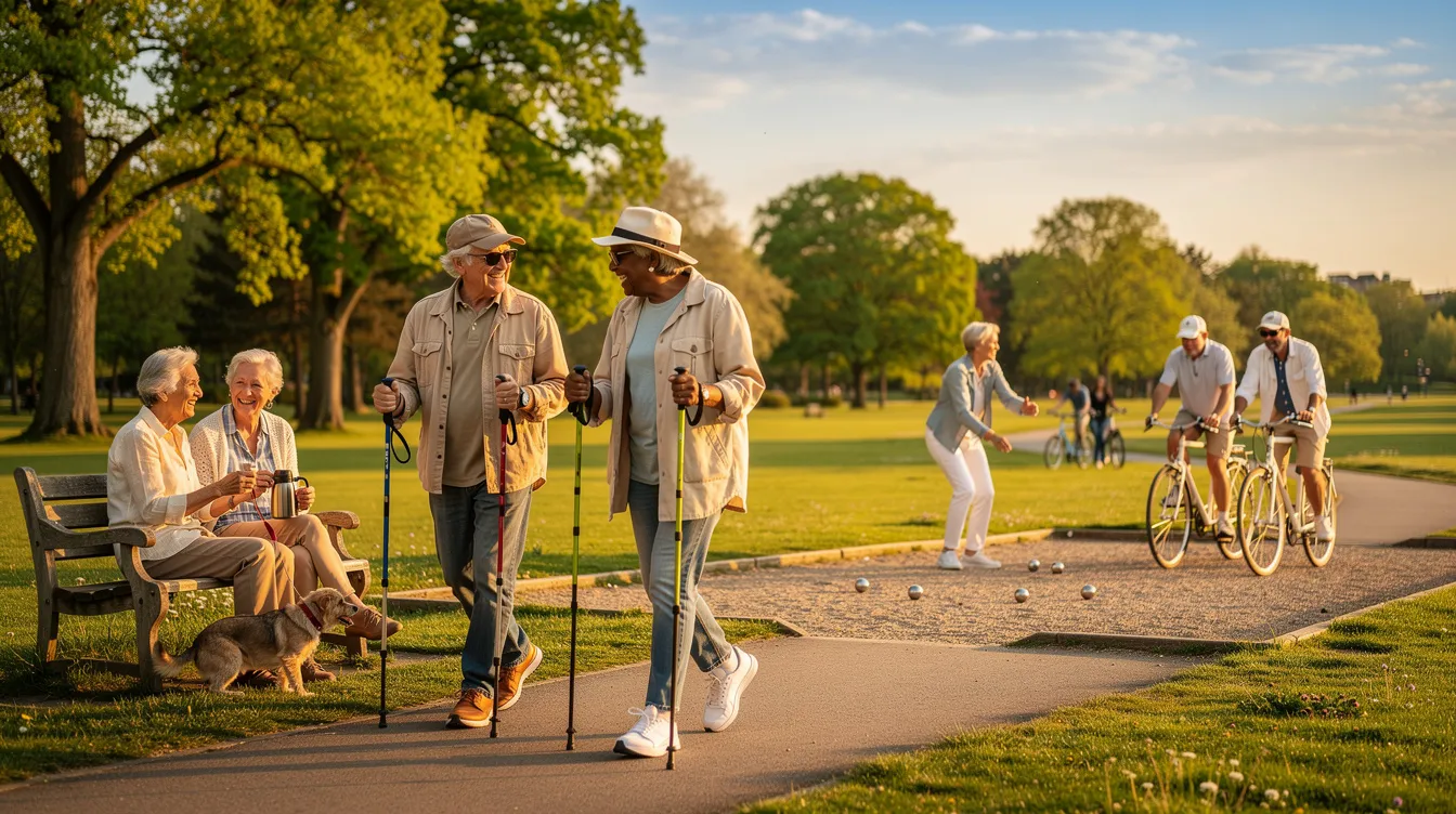 A group of retirees is happily engaging in various outdoor activities together, enjoying their newfound free time after years of work, symbolizing the joy of a well-planned retirement. This scene reflects the importance of retirement savings and planning for a comfortable retirement, allowing them to embrace financial freedom and make the most of their retirement goals.