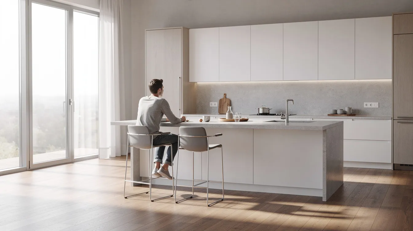 Een persoon zit ontspannen op een moderne barkruk met rugleuning aan een kookeiland in een lichte keuken, genietend van het optimale zitcomfort en de ideale zithoogte. De barkrukken zijn verstelbaar, waardoor ze perfect passen bij het keukenblad.