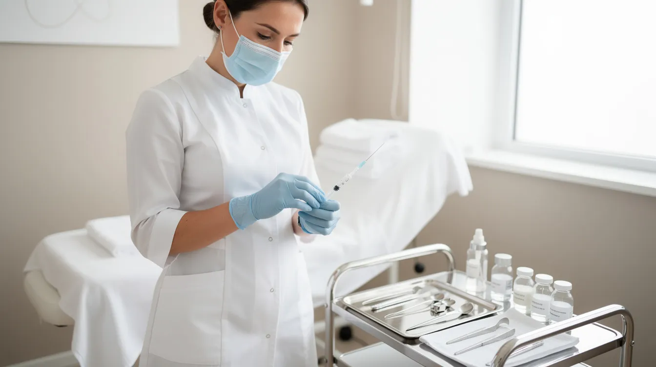 An aesthetic clinician is preparing for a lip filler treatment in a clean clinic setting, focusing on achieving a defined cupid's bow and enhancing the natural shape of the upper lip. The environment is calm and professional, emphasizing safety and precision in the procedure.