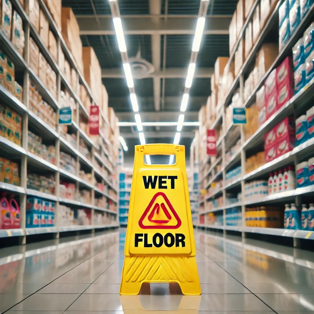 A wet floor sign in a store aisle to prevent slip and fall accidents.