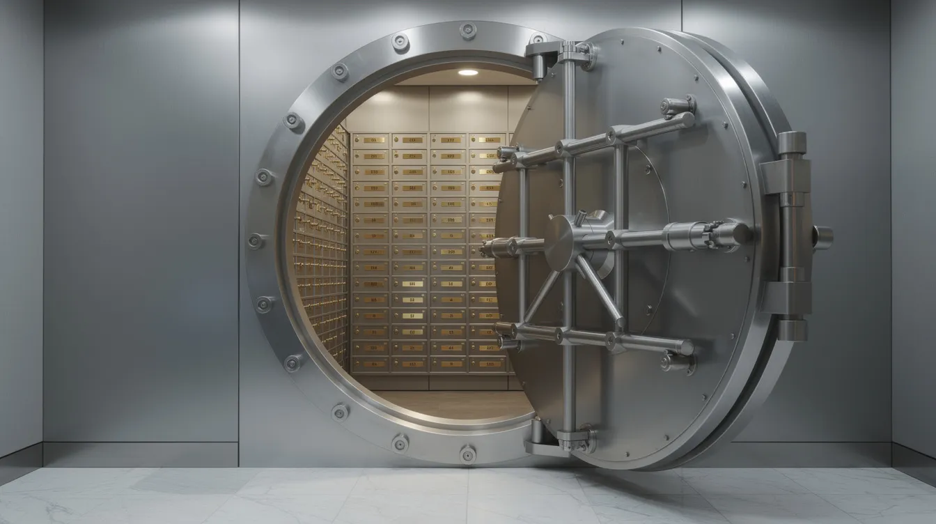 The image depicts a secure bank vault door, partially open, revealing rows of safety deposit boxes inside, suggesting a place for storing valuable items such as physical gold and silver products. This secure environment reflects the importance of protecting retirement savings and precious metals IRA accounts.