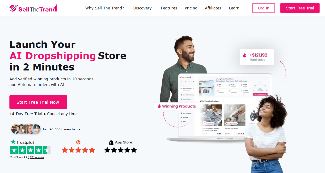 Sell The Trend homepage showing AI dropshipping store creation, winning products, automation, and a 14-day free trial